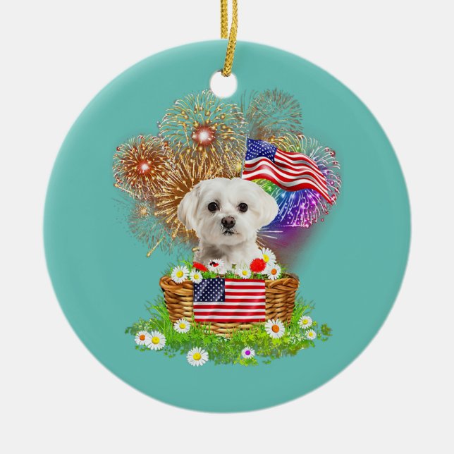 Ornamento De Cerâmica Fireworks Maltês Cão 4 De Julho EUA Bandeira (Frente)