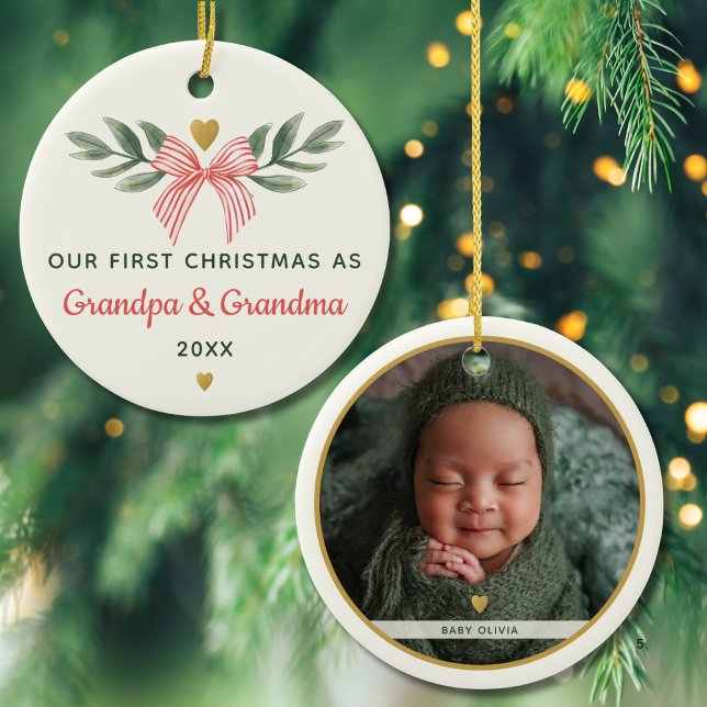 Ornamento De Cerâmica First Christmas As Grandma Grandpa Baby Photo Name (Criador carregado)