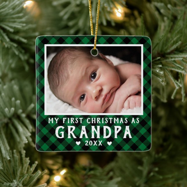 Ornamento De Cerâmica First Christmas as Grandpa Baby Photo Plaid (Árvore)