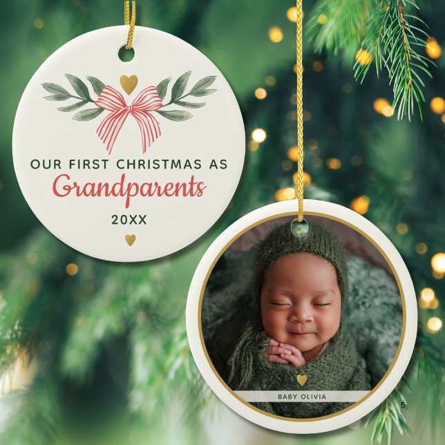 Ornamento De Cerâmica First Christmas As Grandparents Baby Photo Name (Criador carregado)