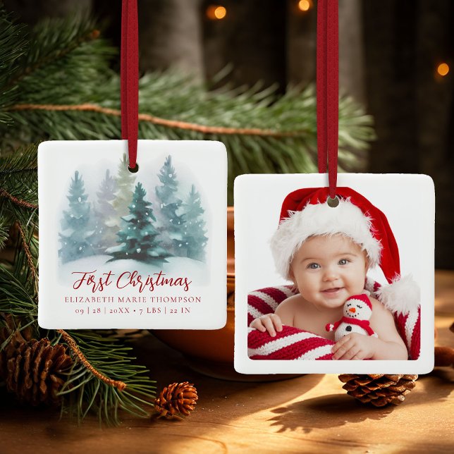 Ornamento De Cerâmica First Christmas Baby Name Snowy Woodland Photo  (baby first christmas ornament enchanted forest winter wonderland photo template red calligraphy)