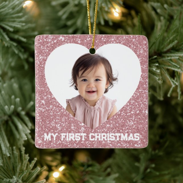 Ornamento De Cerâmica First Christmas Custom Baby Photo Glitter Ornament (Árvore)