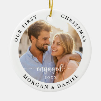 Ornamento De Cerâmica First Christmas Engaged 2 Photo Couple Festive