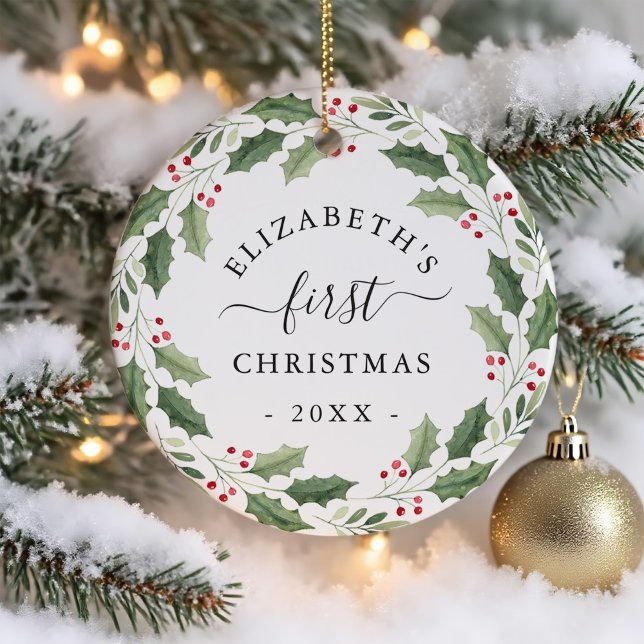 Ornamento De Cerâmica First Christmas Floral Greenery Wreath (Criador carregado)
