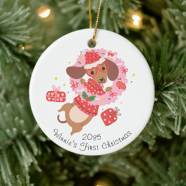 Ornamento De Cerâmica First Christmas Funny Dachshund Dog Ornament
