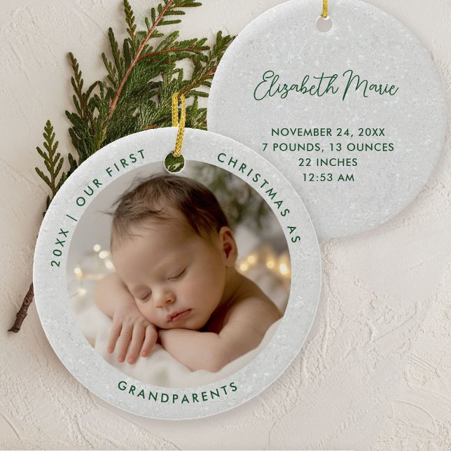 Ornamento De Cerâmica First Christmas Grandparents Minimal Green Photo (first christmas grandparents photo ornament gift modern simple minimal typography white green)