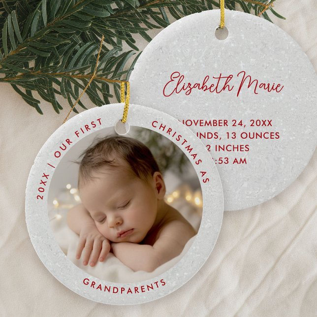 Ornamento De Cerâmica First Christmas Grandparents Minimal Red Photo (first christmas grandparents photo ornament gift modern simple minimal typography white red)