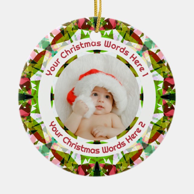 Ornamento De Cerâmica First Christmas Green Pink Photo Baby Keepsake (Frente)