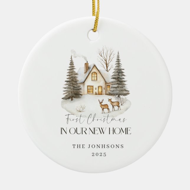 Ornamento De Cerâmica First Christmas in Our New Home Winter View (Frente)