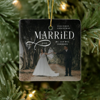 Ornamento De Cerâmica First Christmas Married Mr & Mrs Couples Photo 