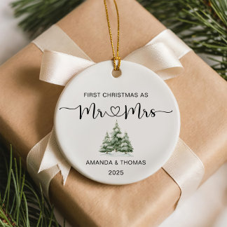 Ornamento De Cerâmica First Christmas Mr and Mrs Wedding