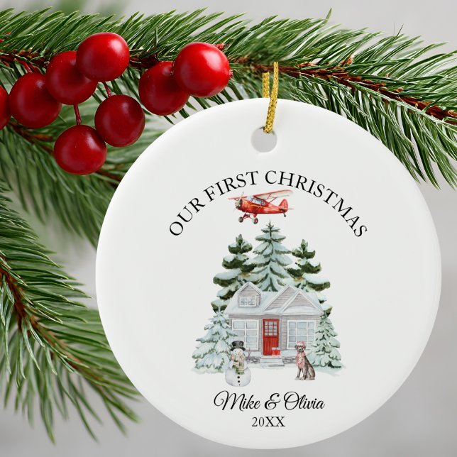 Ornamento De Cerâmica First Christmas New Home Airplane House Dog Custom (Criador carregado)