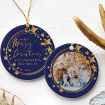 Ornamento De Cerâmica First Christmas New Home Photo Blue and Gold Star<br><div class="desc">New home christmas ornament which you can personalize with your favorite photo. Merry Christmas is hand lettered in script calligraphy and you can also add your new address and the year. The photo template displays your picture in round format, framed with an abstract wreath of rings, decorated with gold stars....</div>