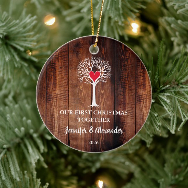 Ornamento De Cerâmica First Christmas together love tree wood photo (Árvore)
