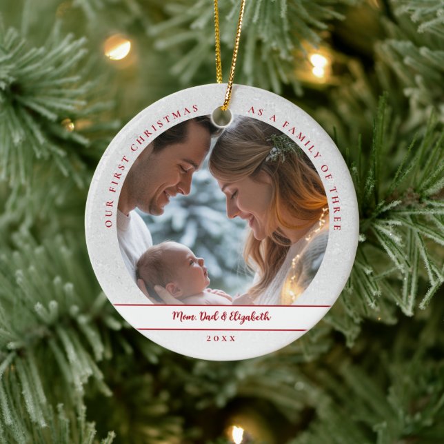 Ornamento De Cerâmica First Christmas White Red First Family Baby Photo (Árvore)