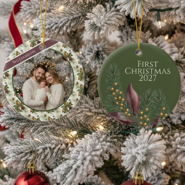 Ornamento De Cerâmica First Holiday Keepsake (Personalized First Christmas photo ornament)