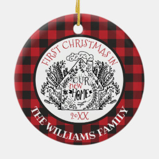 Ornamento De Cerâmica First Merry Christmas New Home Buffalo Plaid Red