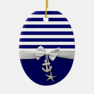 Ornamento De Cerâmica Fita branca náutica & encantos da listra azul