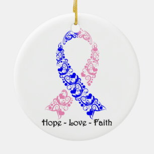 Ornamento De Cerâmica Fita cor-de-rosa e azul da esperança da