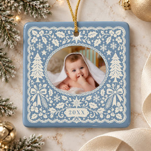 Ornamento De Cerâmica Fita de Papel Recortado Azul Empoeirado Natal Foto