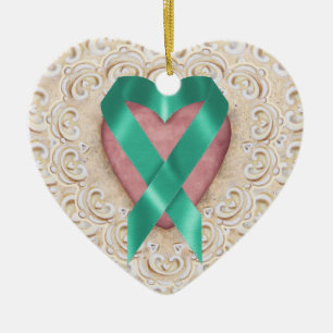 Ornamento De Cerâmica Fita do coração - SRF do cancer da cerceta