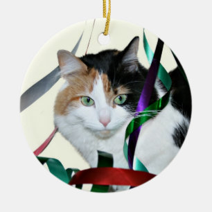 Ornamento De Cerâmica Fita do Natal do gato de chita