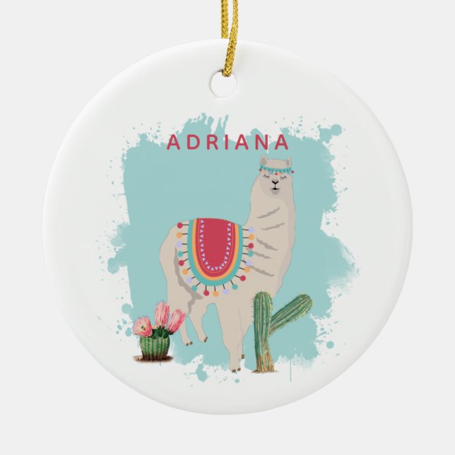 Ornamento De Cerâmica Fita Personalizada Fiesta Llama e Cactus (Frente)