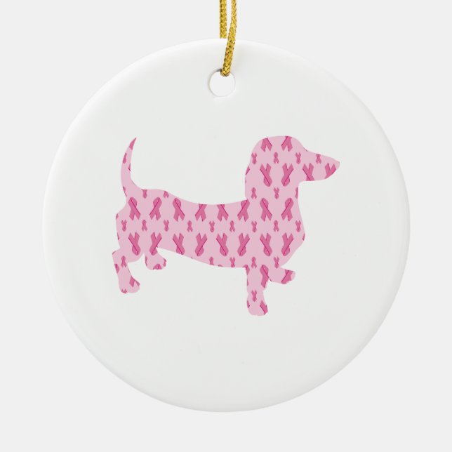Ornamento De Cerâmica Fita Rosa Dachshund para Cancer (Frente)