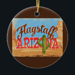 Ornamento De Cerâmica Flagstaff Ornament Arizona Desert Vintage<br><div class="desc">Flagstaff Arizona neo viagens vintage na design engraçada de desenho animado com estilo retrô,  deserto,  cacto e rochas. Azul,  marrom e vermelho com cacto verde.</div>