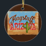 Ornamento De Cerâmica Flagstaff Ornament Arizona Desert Vintage<br><div class="desc">Flagstaff Arizona neo viagens vintage na design engraçada de desenho animado com estilo retrô,  deserto,  cacto e rochas. Azul,  marrom e vermelho com cacto verde.</div>