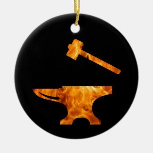 Ornamento De Cerâmica Flaming Anvil & Hammer Blacksmith Metalworking