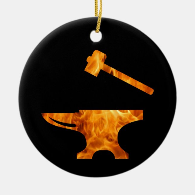 Ornamento De Cerâmica Flaming Anvil & Hammer Blacksmith Metalworking (Frente)