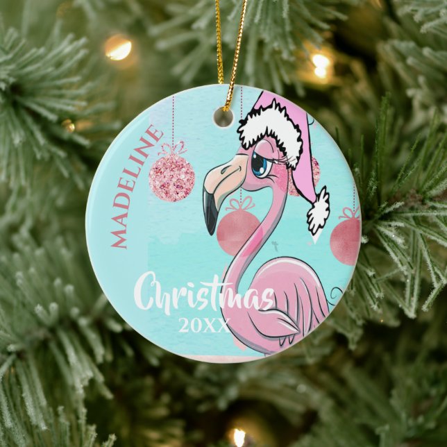 Ornamento De Cerâmica Flamingo Christmas Santa Hat Blue Rosa Girassol (Árvore)