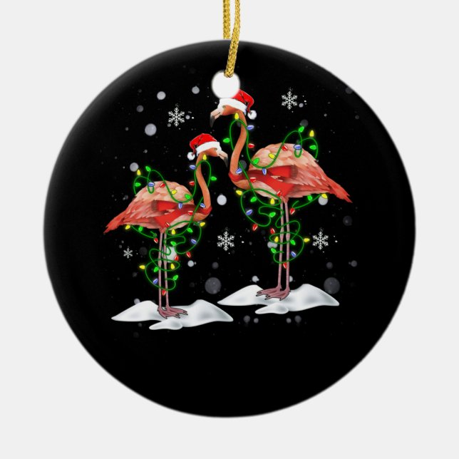 Ornamento De Cerâmica Flamingo Christmas Tree Santa Hat Light Feliz (Frente)