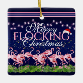 Ornamento De Cerâmica Flamingo de Natal personalizado com Felizes