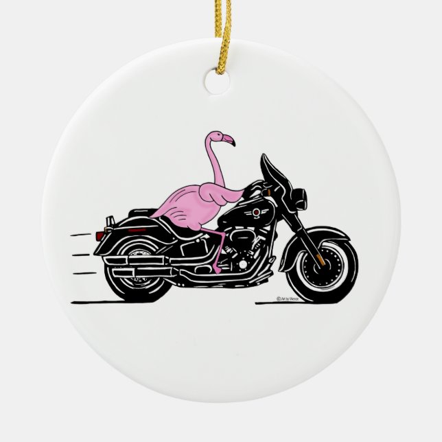 Ornamento De Cerâmica Flamingo Dirigindo Uma Moto (Frente)