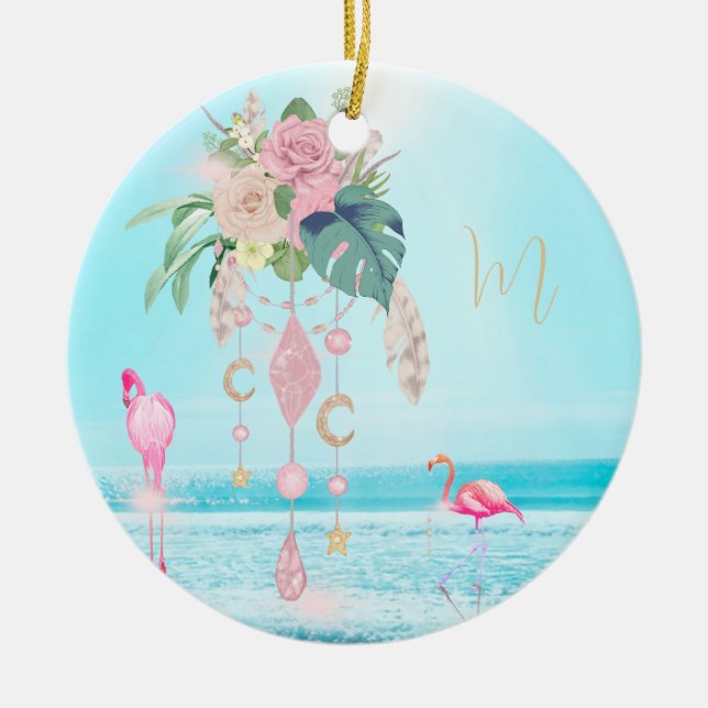Ornamento De Cerâmica Flamingo Jewel Beach Floral Bonito (Frente)