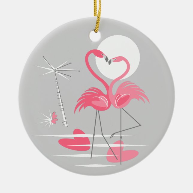 Ornamento De Cerâmica Flamingo Love Texto ornado round (Frente)