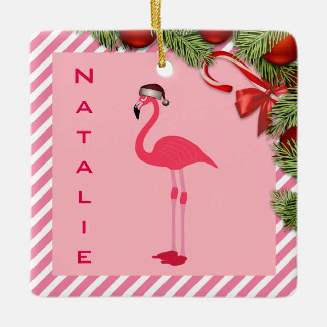 Ornamento De Cerâmica Flamingo Personalizado bonito (Frente)