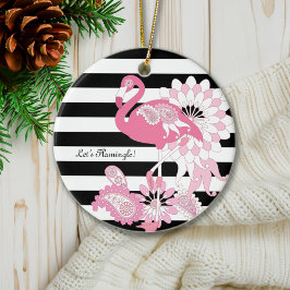 Ornamento De Cerâmica Flamingo Rosa Caprichoso Listras Pretas e Brancas