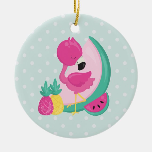 Ornamento De Cerâmica Flamingo rosa com Frutas tropicais nas Bolinhas (Frente)