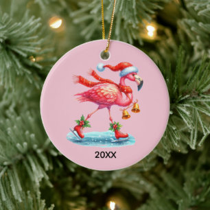 Ornamento De Cerâmica Flamingo rosa fofo adicionar nome ano