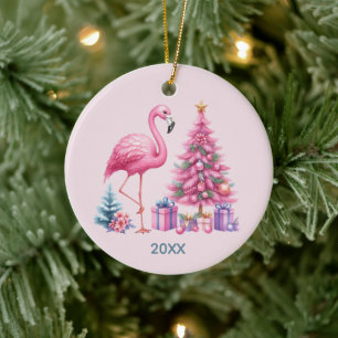 Ornamento De Cerâmica Flamingo rosa fofo adicionar nome ano