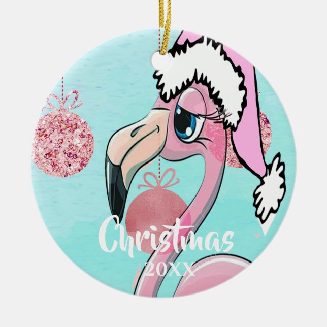 Ornamento De Cerâmica Flamingo Santa Hat Blue Rosa Girassol (Frente)