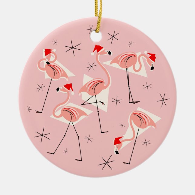 Ornamento De Cerâmica Flamingo Santas Feliz Férias Rosa (Frente)