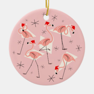 Ornamento De Cerâmica Flamingo Santas Pink Texto ornado redondo