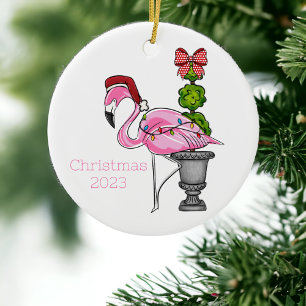 Ornamento De Cerâmica Flamingo Topiário de Natal Personalizado Rosa