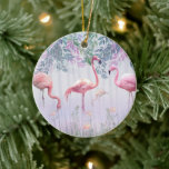 Ornamento De Cerâmica Flamingos cor-de-rosa da família tropical branca<br><div class="desc">Um flamingo vermelho elegante pintado. O flamingo fica na água com uma linda plumagem vermelha. O fundo está em lindas aquarelas.

Você pode alterar a cor do texto e o estilo da fonte usando a opção personalizar mais</div>