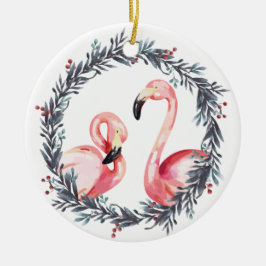 Ornamento De Cerâmica Flamingos Rosa Modernos no Natal tropical de Wreat