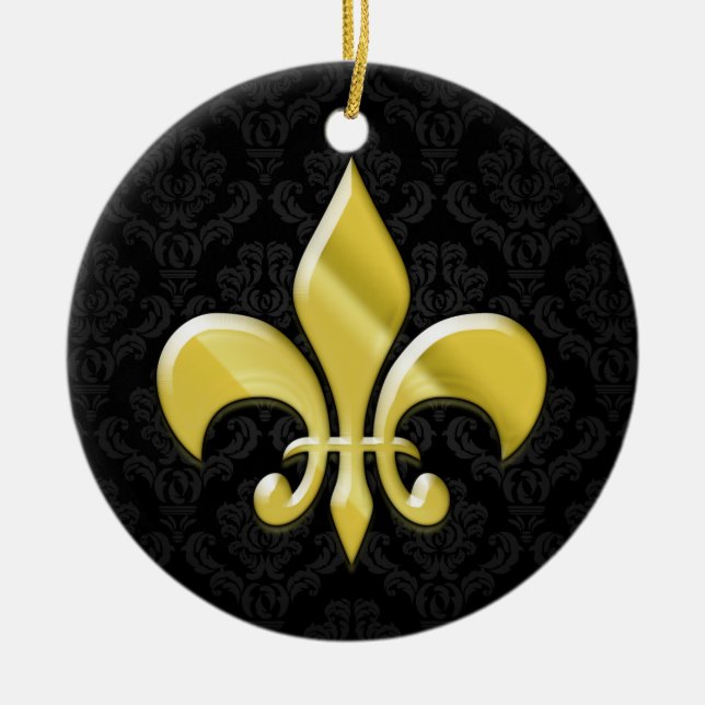 Ornamento De Cerâmica Fleur de Lis (Damasco preto/Dourado) (Frente)